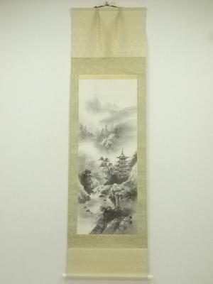 鶴年筆　水墨山水　肉筆絹本掛軸（箱付）